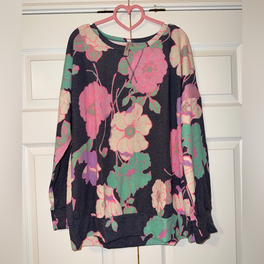 Floral Long Sleeve Pullover Sweatshirt - Black, Pink & Green